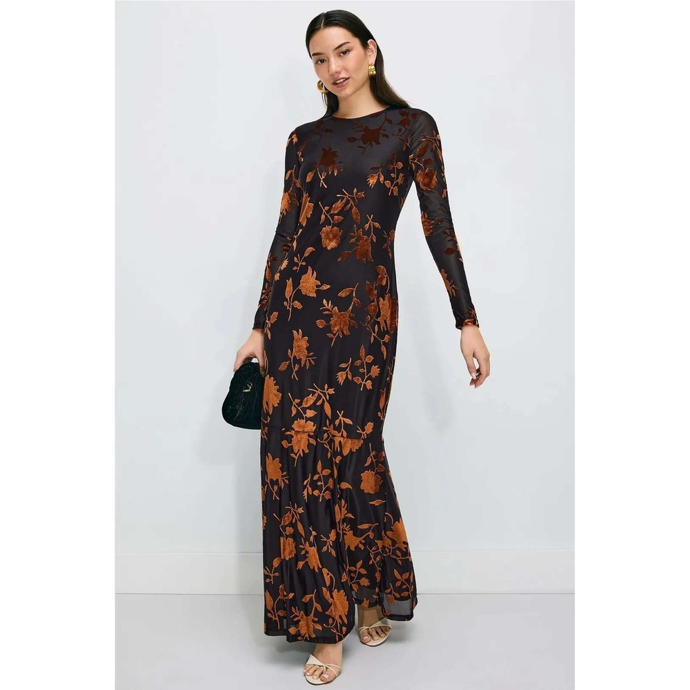 Hutch Black Orange Floral Burnout Velvet Long Sleeve Maxi Dress Size M